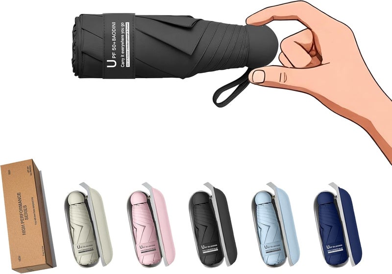 BAODINI Travel Essentials Mini Umbrella for Purse With Case Small Compact UV Sun Protection Lightweight Tiny Pocket Manual Open Close Umbrella for Women Kids and Men Fits Purse Backpack - Image 1